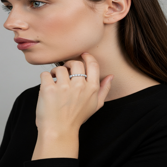 Model wearing Aeterna Jewelry round-cut eternity ring, showing refined elegance and timeless sparkle
