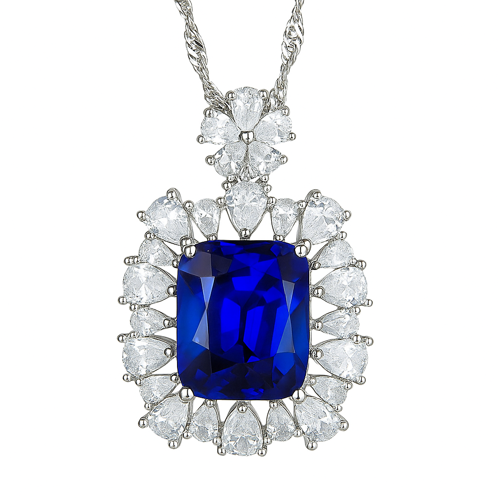 Aeterna Jewelry blue sapphire and diamond halo pendant necklace on white background