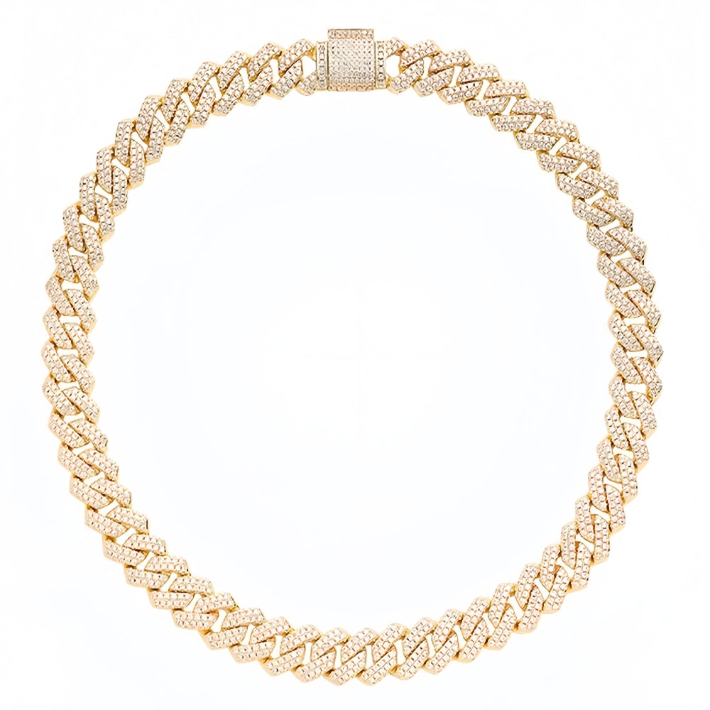 Aeterna Jewelry gold Cuban link chain necklace with iced-out stones on white background