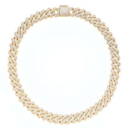 Aeterna Jewelry gold Cuban link chain necklace with iced-out stones on white background