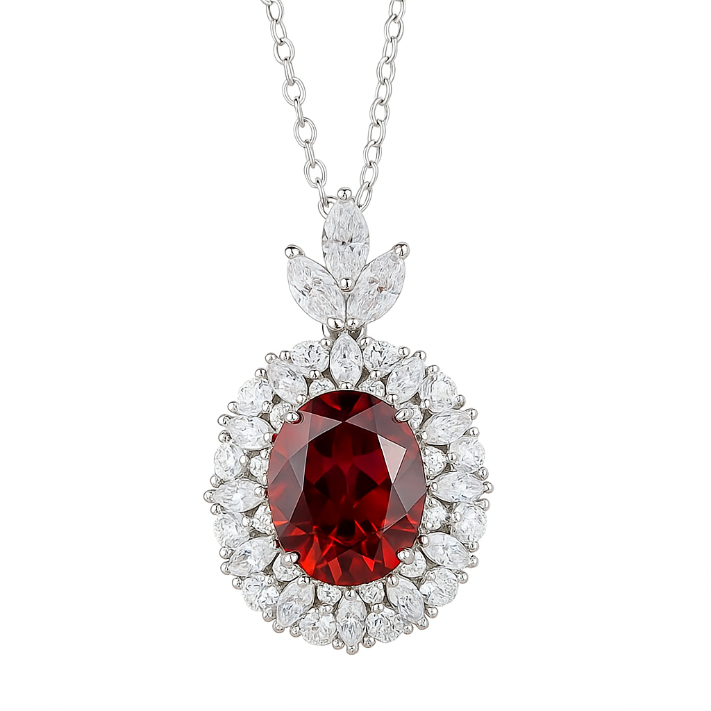 Aeterna Jewelry oval-cut red ruby halo pendant necklace on white background